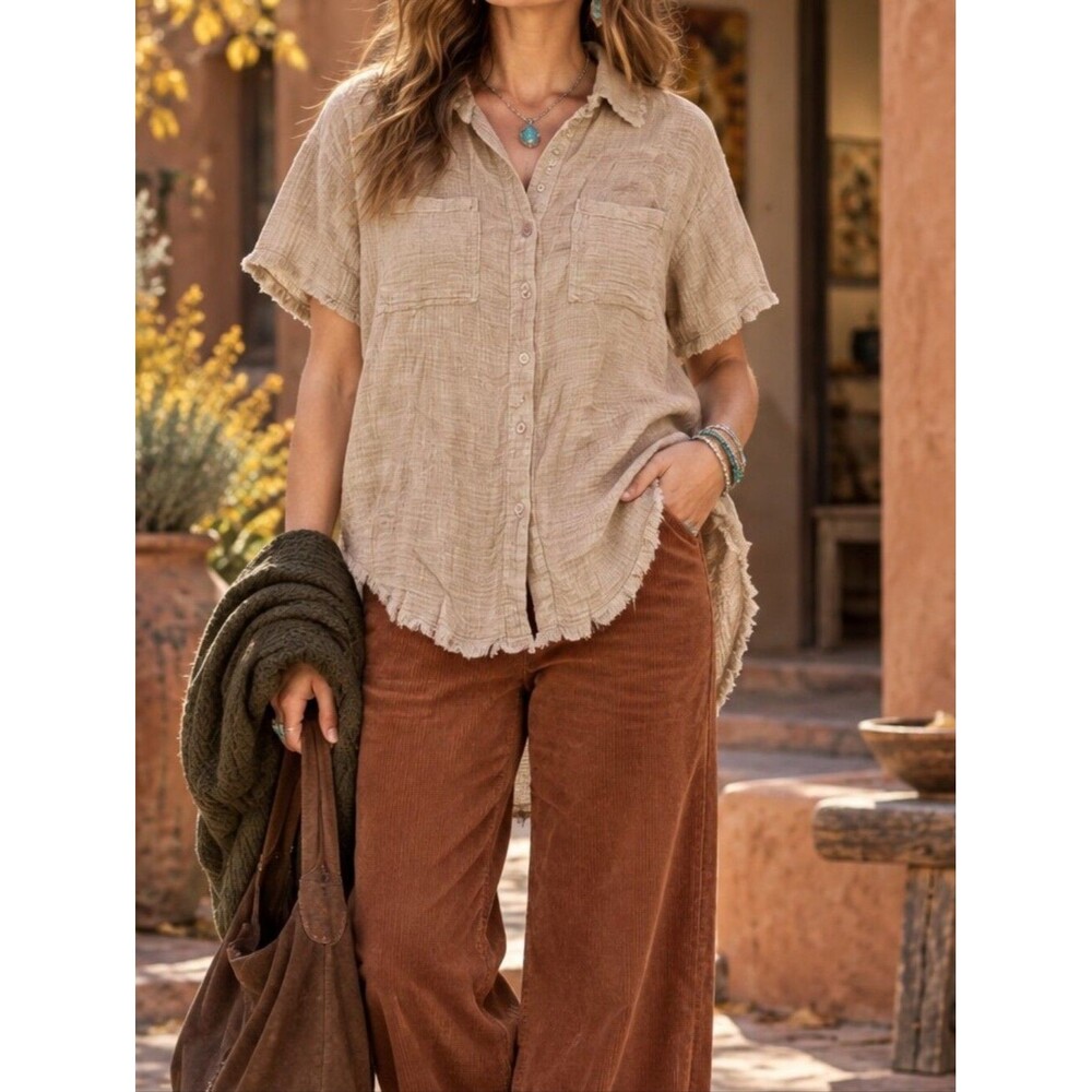 Miou Muse Tan Gauze Button Front Shirt M Raw Hem Boho Coastal Resort Beachy